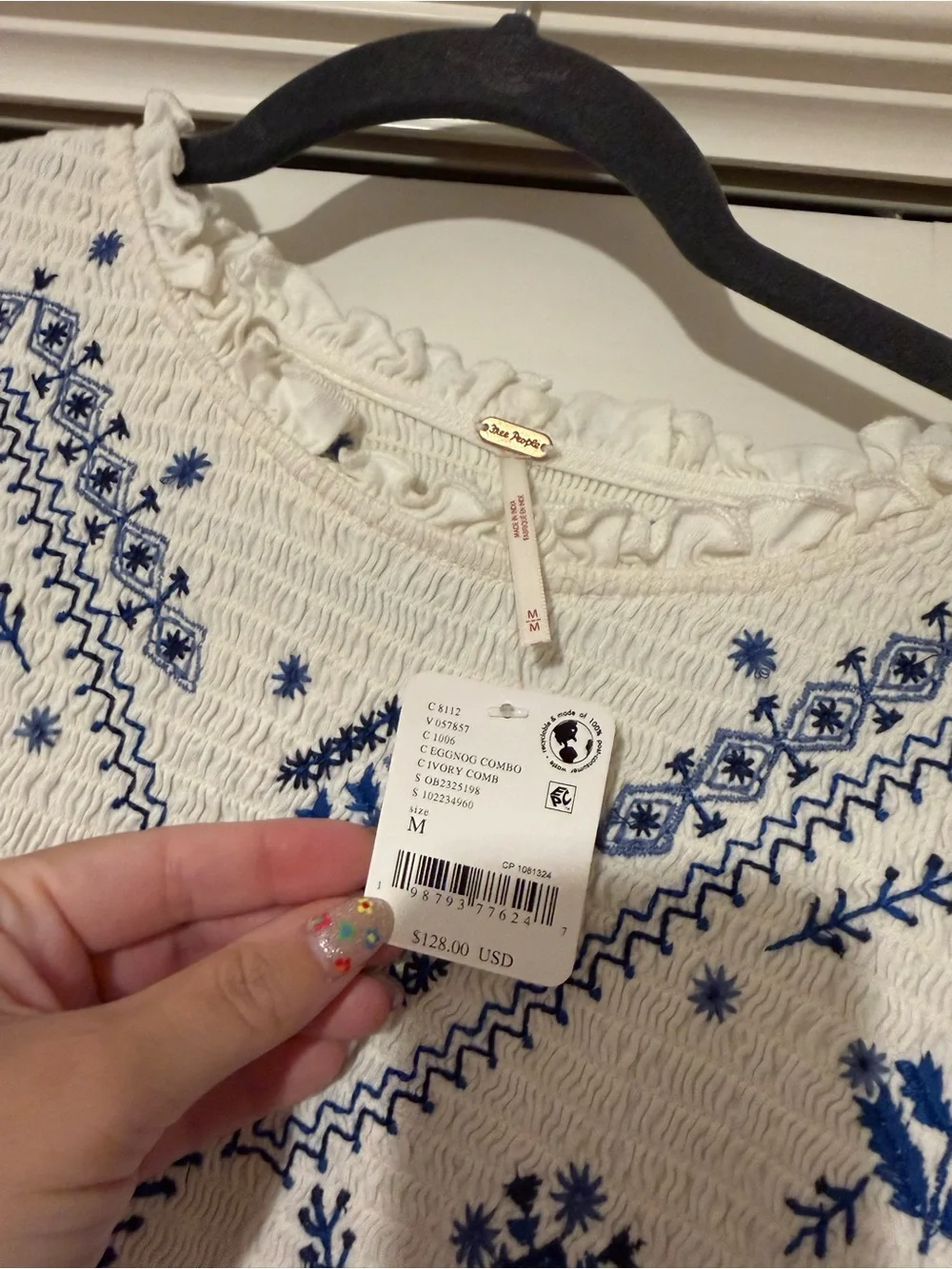 Free people Boho White Peasant Top with blue Embroidery